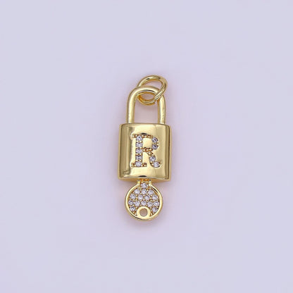 24K Gold Filled Initial Letter Micro Paved Padlock Key Charm | AF014 - AF026