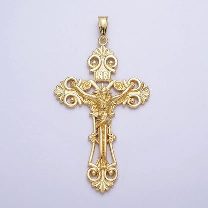 24K Gold Filled "INRI" Jesus Crucifix Cross Religious Elaborate Statement Cross Pendant | AA208