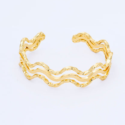 24K Gold Filled Irregular Textured Wave Triple Band Cuff Bangle Bracelet | WA-1689
