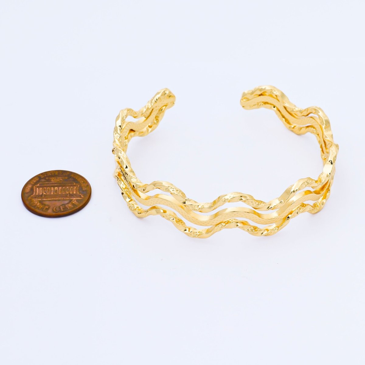 24K Gold Filled Irregular Textured Wave Triple Band Cuff Bangle Bracelet | WA-1689
