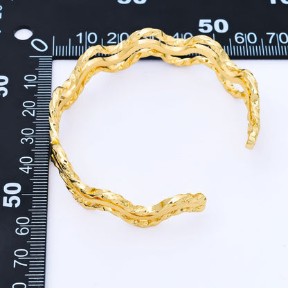 24K Gold Filled Irregular Textured Wave Triple Band Cuff Bangle Bracelet | WA-1689