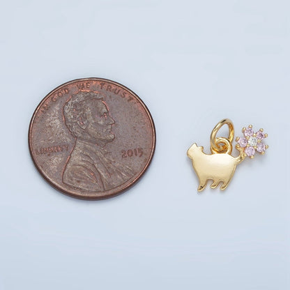 24K Gold Filled Kitten Cat Stretch Pink Flower CZ Charm | N1389