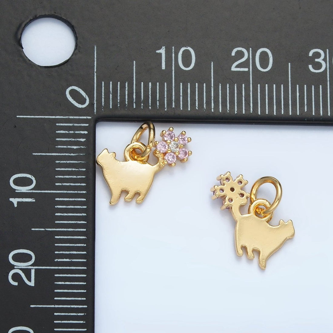 24K Gold Filled Kitten Cat Stretch Pink Flower CZ Charm | N1389