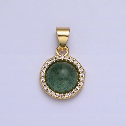 24K Gold Filled Labradorite, Blue Agate, Aventurine, Amethyst, Rose Quartz Micro Paved CZ Round Pendant | AA189 - AA193