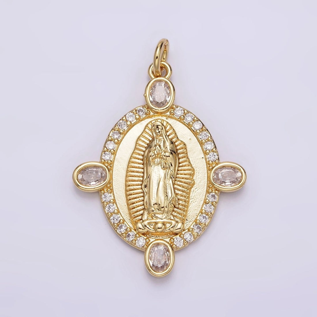 24K Gold Filled Lady Guadalupe Mother Mary Micro Paved Oval CZ Charm | N990