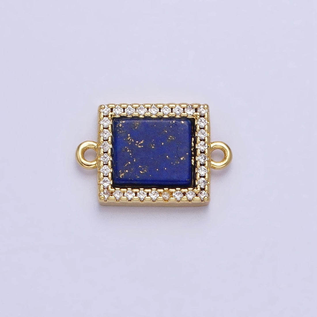 24K Gold Filled Lapis Lazuli Natural Gemstone Micro Paved CZ Flat Rectangular Connector | Y-790