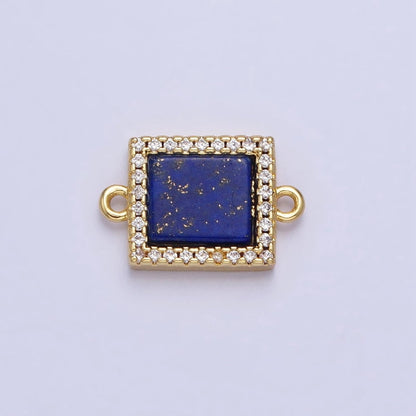 24K Gold Filled Lapis Lazuli Natural Gemstone Micro Paved CZ Flat Rectangular Connector | Y-790
