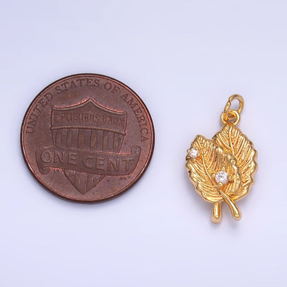 24K Gold Filled Leaf Nature CZ Multidimensional 3D Charm in Gold &amp; Silver | W794
