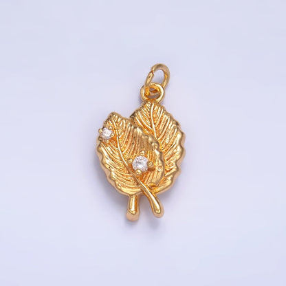 24K Gold Filled Leaf Nature CZ Multidimensional 3D Charm in Gold &amp; Silver | W794