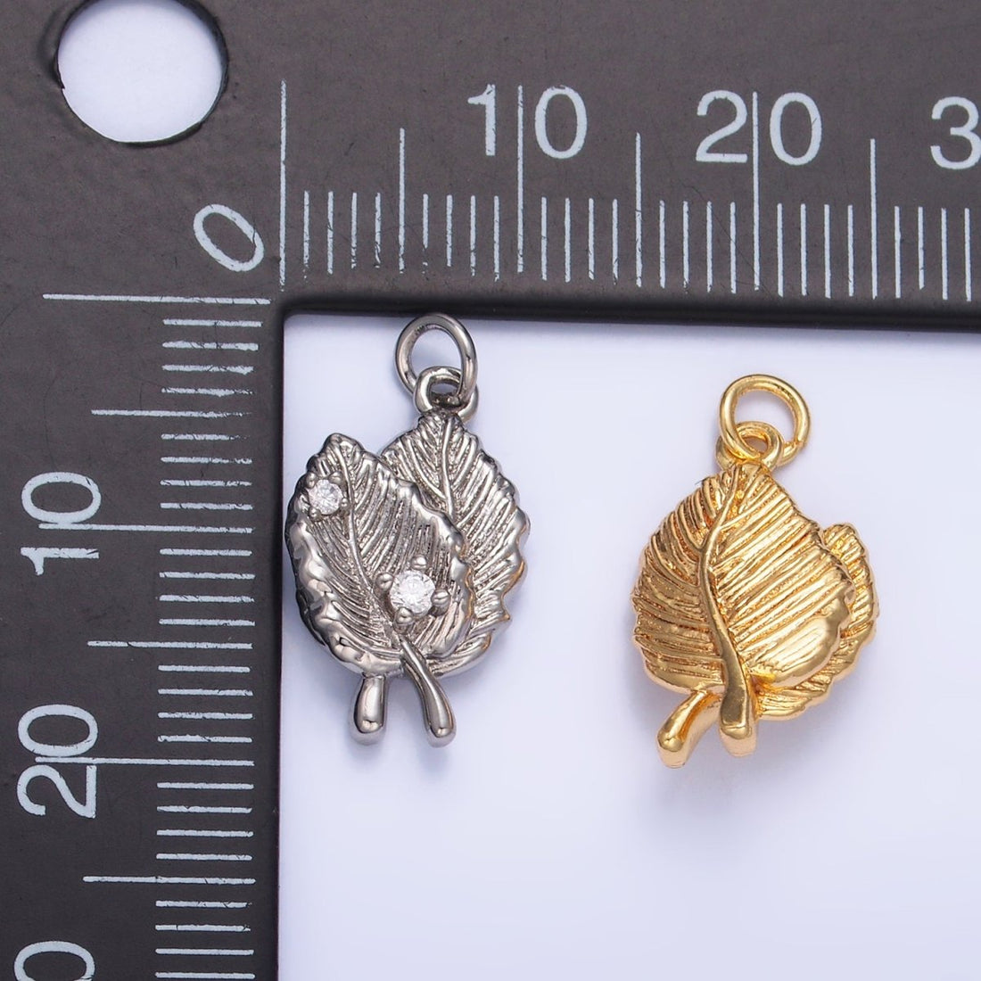 24K Gold Filled Leaf Nature CZ Multidimensional 3D Charm in Gold &amp; Silver | W794
