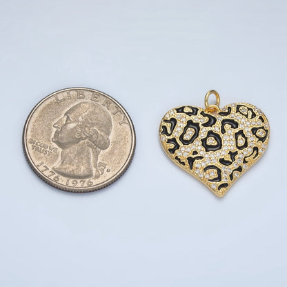24K Gold Filled Micro Paved CZ Enamel Cheetah Print Heart Charm | M911