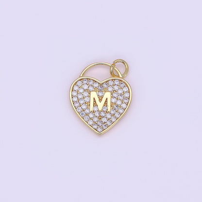 24K Gold Filled Letter Initial Micro Paved CZ Heart Padlock Charm | AF001 - AF013