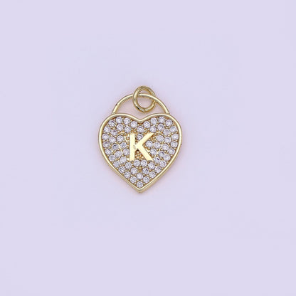 24K Gold Filled Letter Initial Micro Paved CZ Heart Padlock Charm | AF001 - AF013