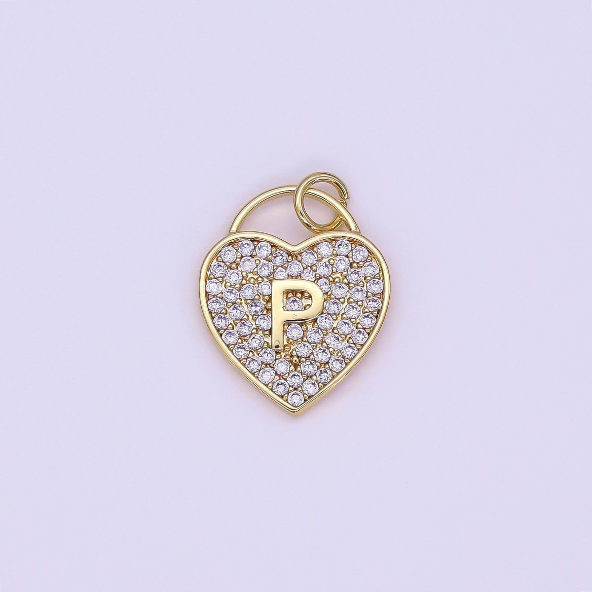 24K Gold Filled Letter Initial Micro Paved CZ Heart Padlock Charm | AF001 - AF013