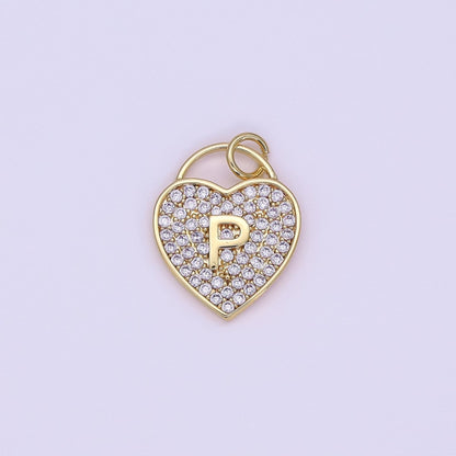 24K Gold Filled Letter Initial Micro Paved CZ Heart Padlock Charm | AF001 - AF013