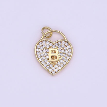 24K Gold Filled Letter Initial Micro Paved CZ Heart Padlock Charm | AF001 - AF013
