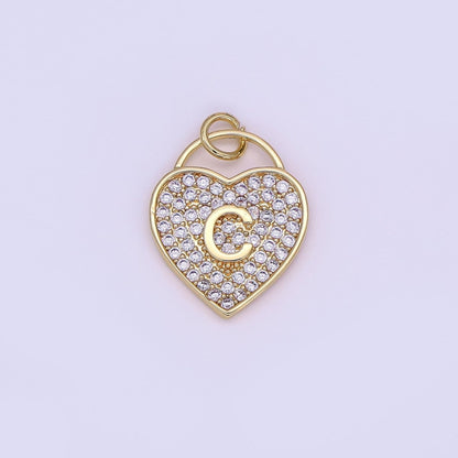 24K Gold Filled Letter Initial Micro Paved CZ Heart Padlock Charm | AF001 - AF013