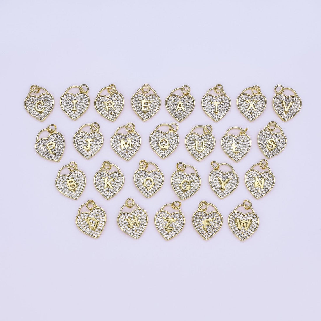 24K Gold Filled Letter Initial Micro Paved CZ Heart Padlock Charm | AF001 - AF013