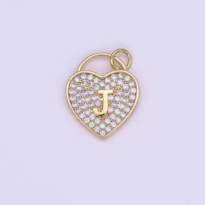 24K Gold Filled Letter Initial Micro Paved CZ Heart Padlock Charm | AF001 - AF013