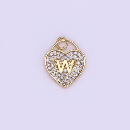 24K Gold Filled Letter Initial Micro Paved CZ Heart Padlock Charm | AF001 - AF013