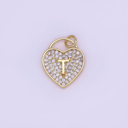 24K Gold Filled Letter Initial Micro Paved CZ Heart Padlock Charm | AF001 - AF013