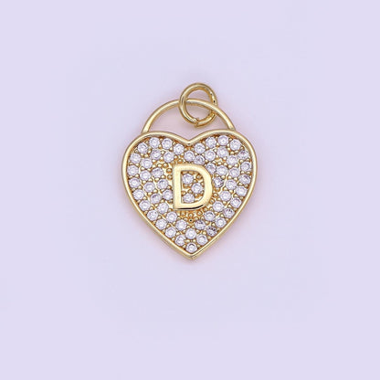 24K Gold Filled Letter Initial Micro Paved CZ Heart Padlock Charm | AF001 - AF013
