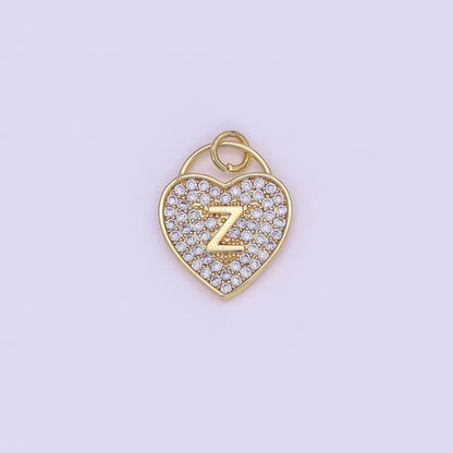 24K Gold Filled Letter Initial Micro Paved CZ Heart Padlock Charm | AF001 - AF013