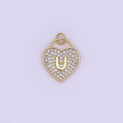 24K Gold Filled Letter Initial Micro Paved CZ Heart Padlock Charm | AF001 - AF013