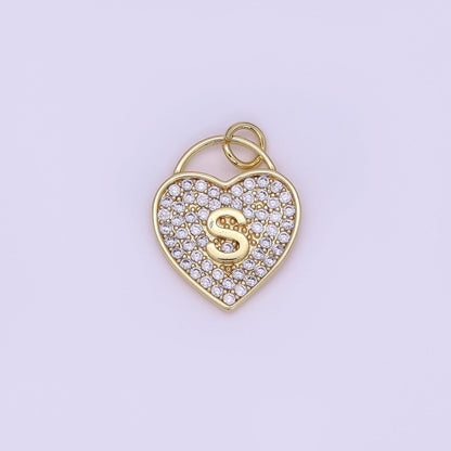 24K Gold Filled Letter Initial Micro Paved CZ Heart Padlock Charm | AF001 - AF013