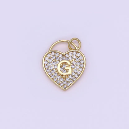 24K Gold Filled Letter Initial Micro Paved CZ Heart Padlock Charm | AF001 - AF013
