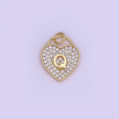 24K Gold Filled Letter Initial Micro Paved CZ Heart Padlock Charm | AF001 - AF013