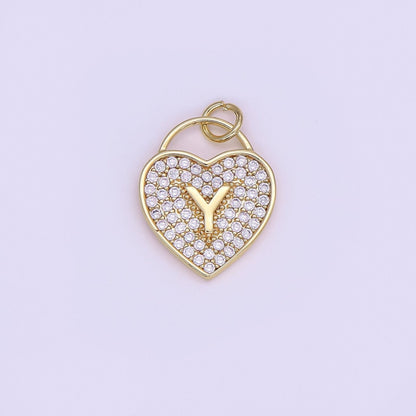 24K Gold Filled Letter Initial Micro Paved CZ Heart Padlock Charm | AF001 - AF013