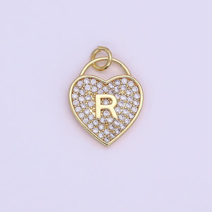 24K Gold Filled Letter Initial Micro Paved CZ Heart Padlock Charm | AF001 - AF013