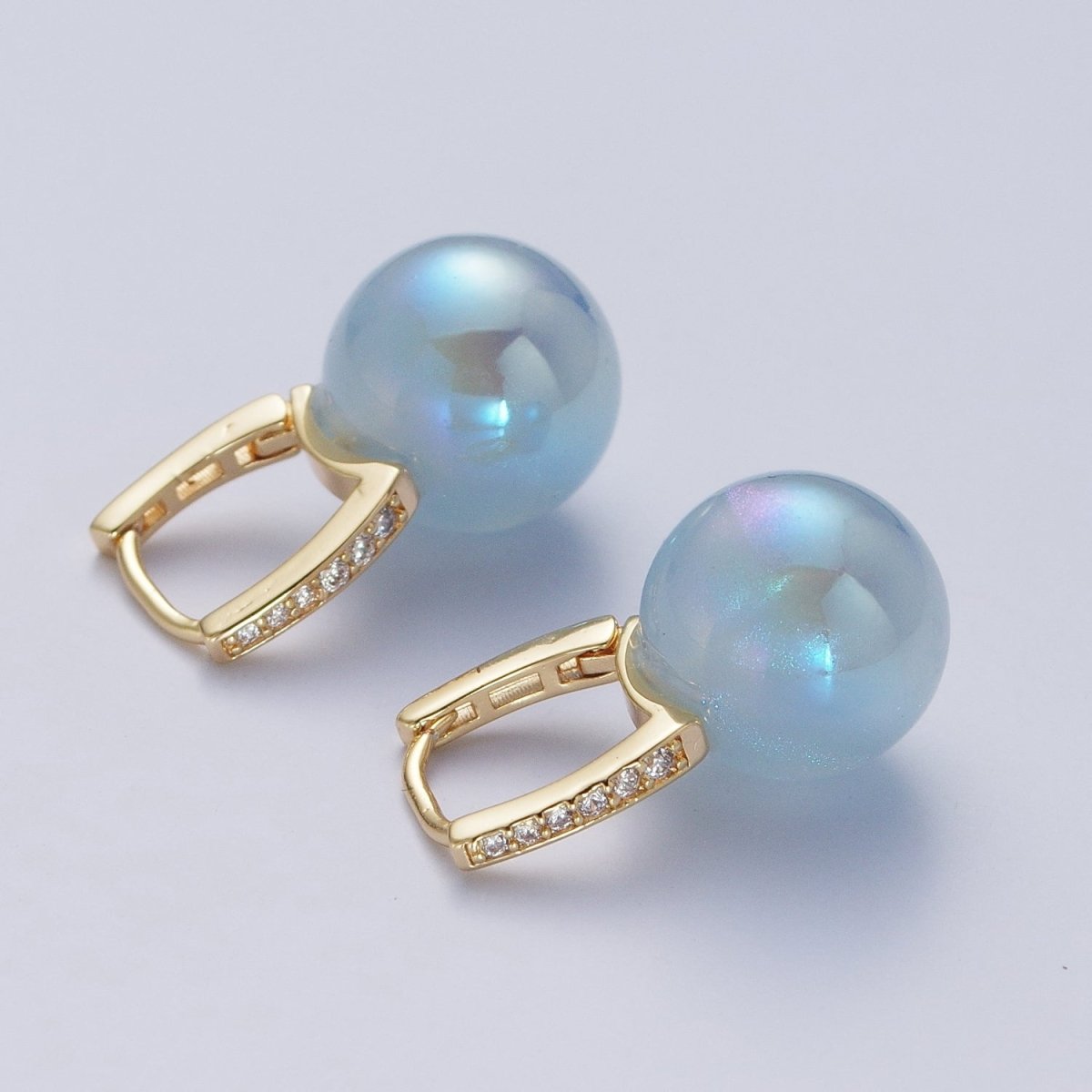 24K Gold Filled Leverback Earrings Small Huggie Hoops Earrings with Round Ball Pastel AB Color Drop Q-339 Q-353
