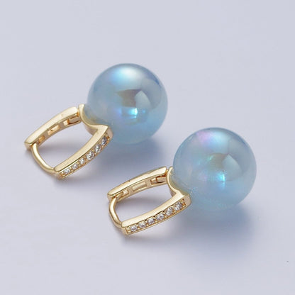 24K Gold Filled Leverback Earrings Small Huggie Hoops Earrings with Round Ball Pastel AB Color Drop Q-339 Q-353