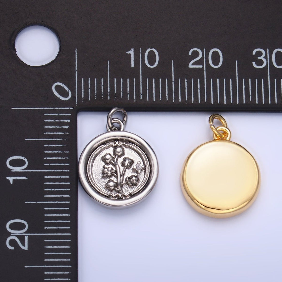 24K Gold Filled Lily of the Valley Flower CZ Stamped Round Charm in Gold &amp; Silver | W382