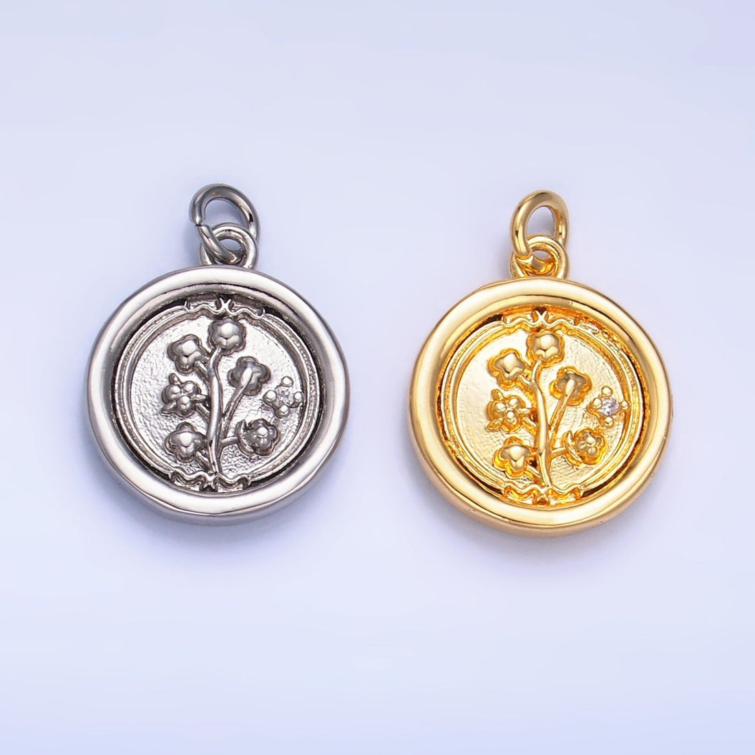 24K Gold Filled Lily of the Valley Flower CZ Stamped Round Charm in Gold &amp; Silver | W382