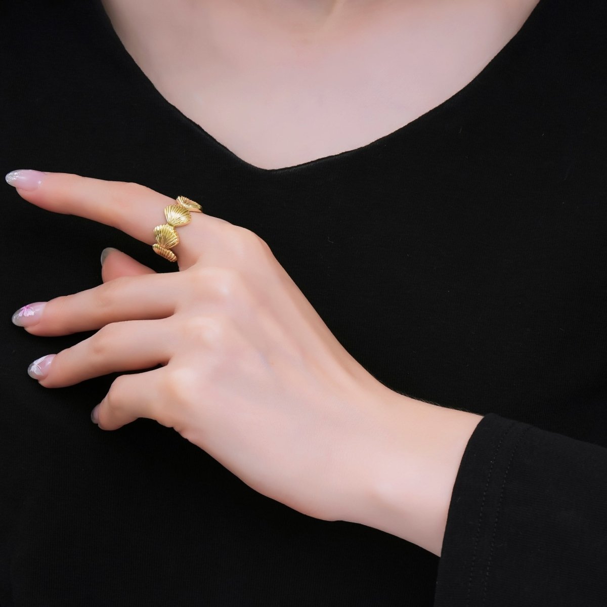 24K Gold Filled Ribbed Sea Clam Shell Adjustable Wide Ring in Gold &amp; Silver | O1462 Rings-00059