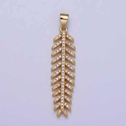 24K Gold Filled 40mm Micro Paved CZ Long Majesty Palm Leaf  Pendant | I315
