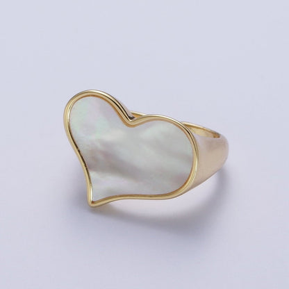 24K Gold Filled Love Heart White Shell Pearl Wide Band Ring For Valentines | O-1997