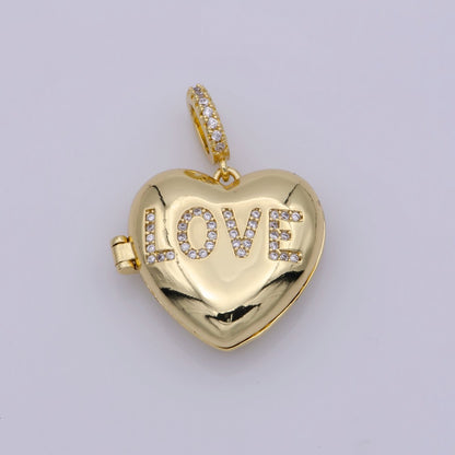 24K Gold Filled "LOVE" Micro Paved CZ Open Heart Locket Pendant | I358