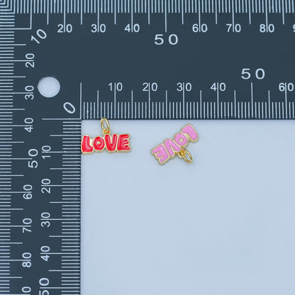 24K Gold Filled "LOVE" Red, Pink Enamel Script Charm | N087