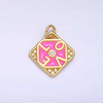 24K Gold Filled "LOVE" Script Enamel Micro Paved CZ Geometric Square Charm | W432
