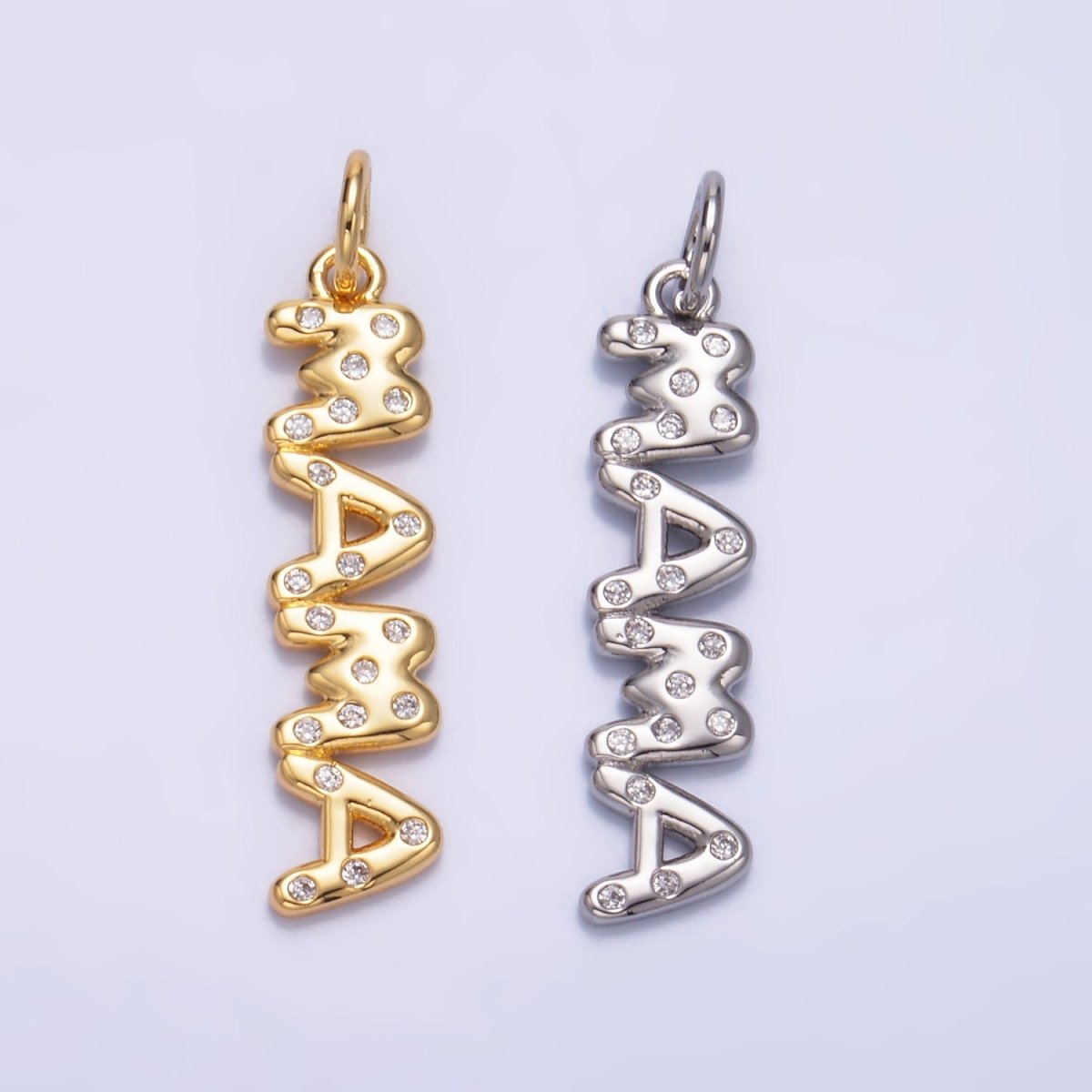 24K Gold Filled 28.5mm "MAMA" CZ Dotted Script Charm in Gold &amp; Silver | W220