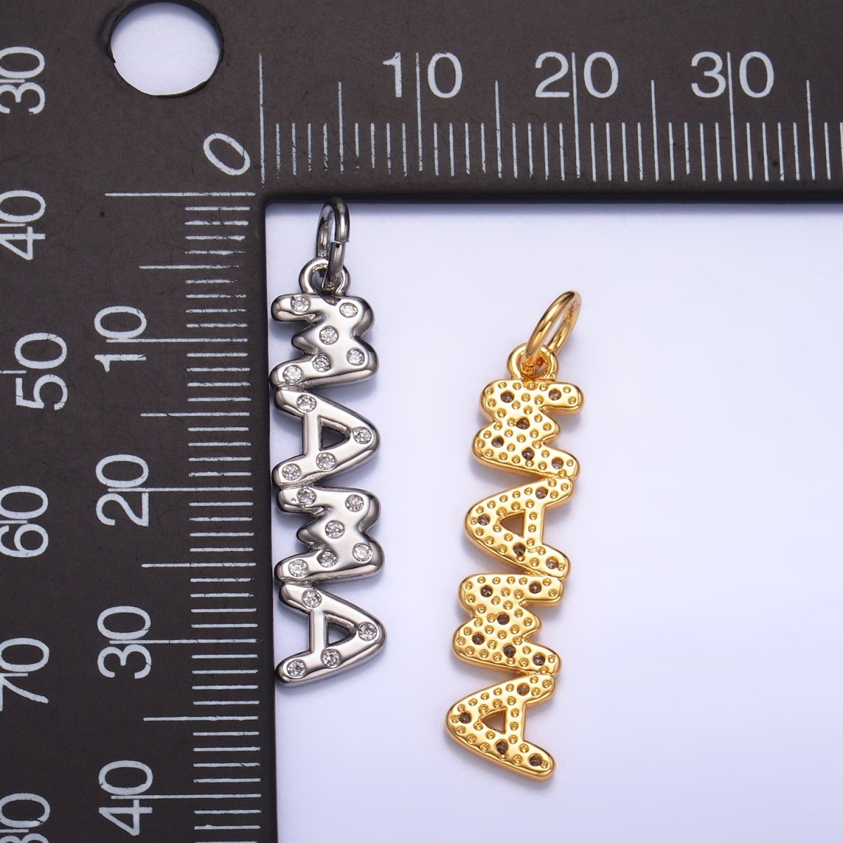 24K Gold Filled 28.5mm "MAMA" CZ Dotted Script Charm in Gold &amp; Silver | W220