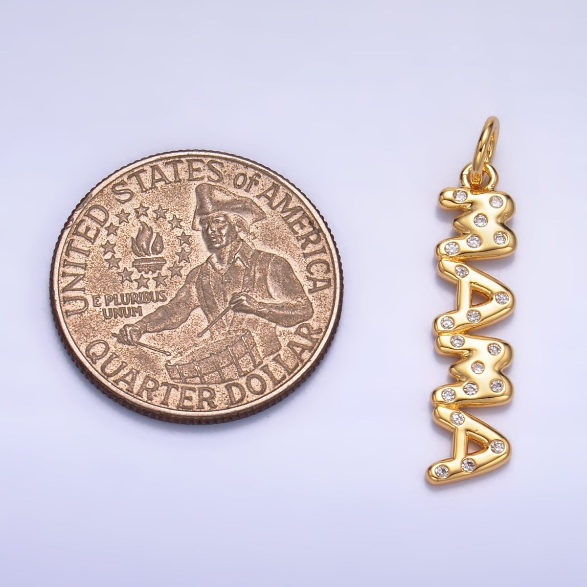 24K Gold Filled 28.5mm "MAMA" CZ Dotted Script Charm in Gold &amp; Silver | W220