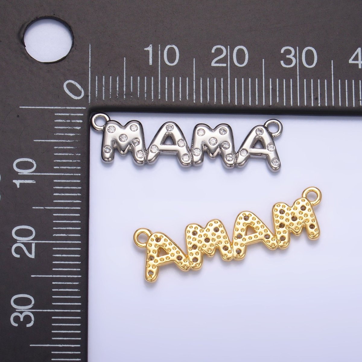 24K Gold Filled "MAMA" CZ Dotted Script Connector in Gold &amp; Silver | F865