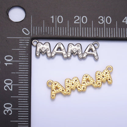 24K Gold Filled "MAMA" CZ Dotted Script Connector in Gold &amp; Silver | F865