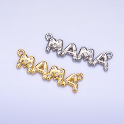 24K Gold Filled "MAMA" CZ Dotted Script Connector in Gold &amp; Silver | F865
