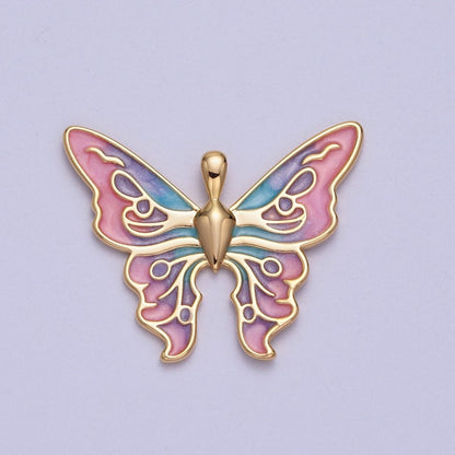 24K Gold Filled Mariposa Butterfly Multicolor Gradient Pink Blue Purple Enamel Pendant  H-200